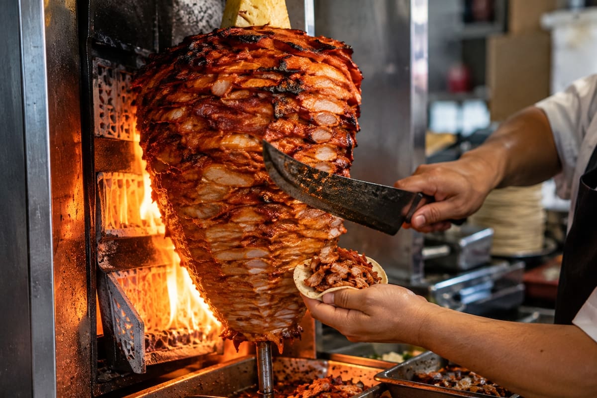 La carne al pastor se cocina en un trompo vertical frente al fuego y se corta en láminas delgadas conforme se dora, para después servirse en tortillas de maíz. | Crédito: Imagen hecha con IA de ChatGPT