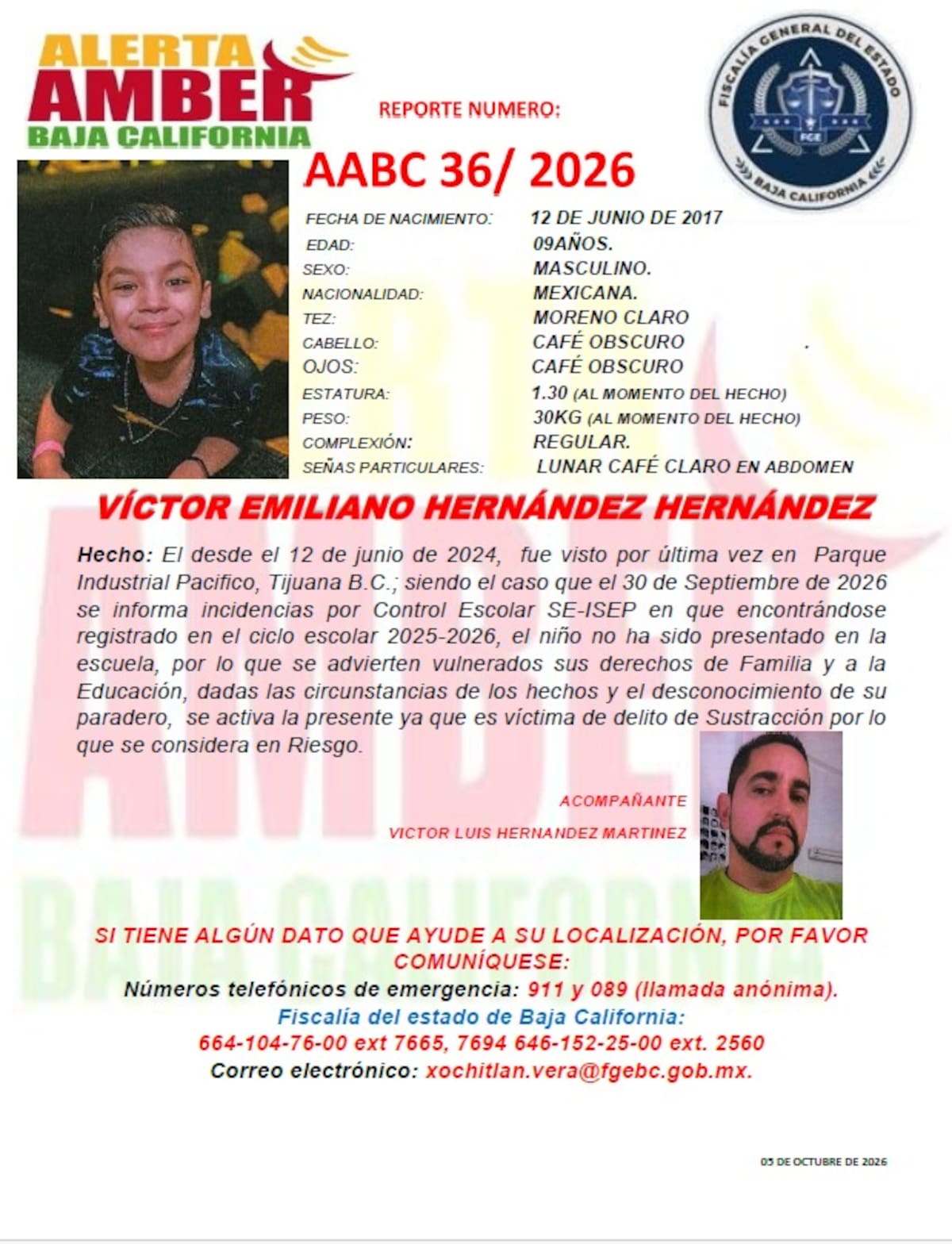 Víctor Emiliano Hernández Hernández, de 9 años, fue visto por última vez en 2024 en el Parque Industrial Pacífico de Tijuana; autoridades buscan localizarlo. Foto: Cortesía