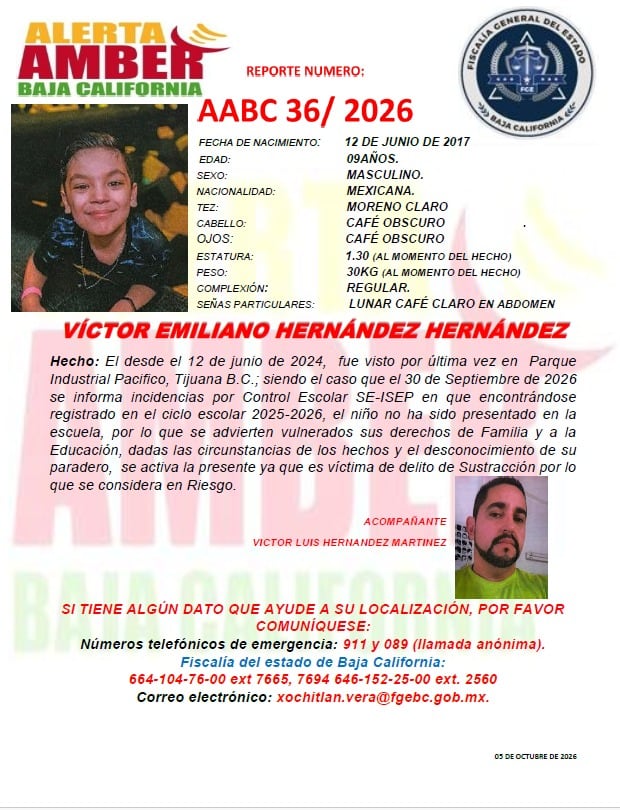 Víctor Emiliano Hernández Hernández, de 9 años, fue visto por última vez en 2024 en el Parque Industrial Pacífico de Tijuana; autoridades buscan localizarlo. Foto: Cortesía