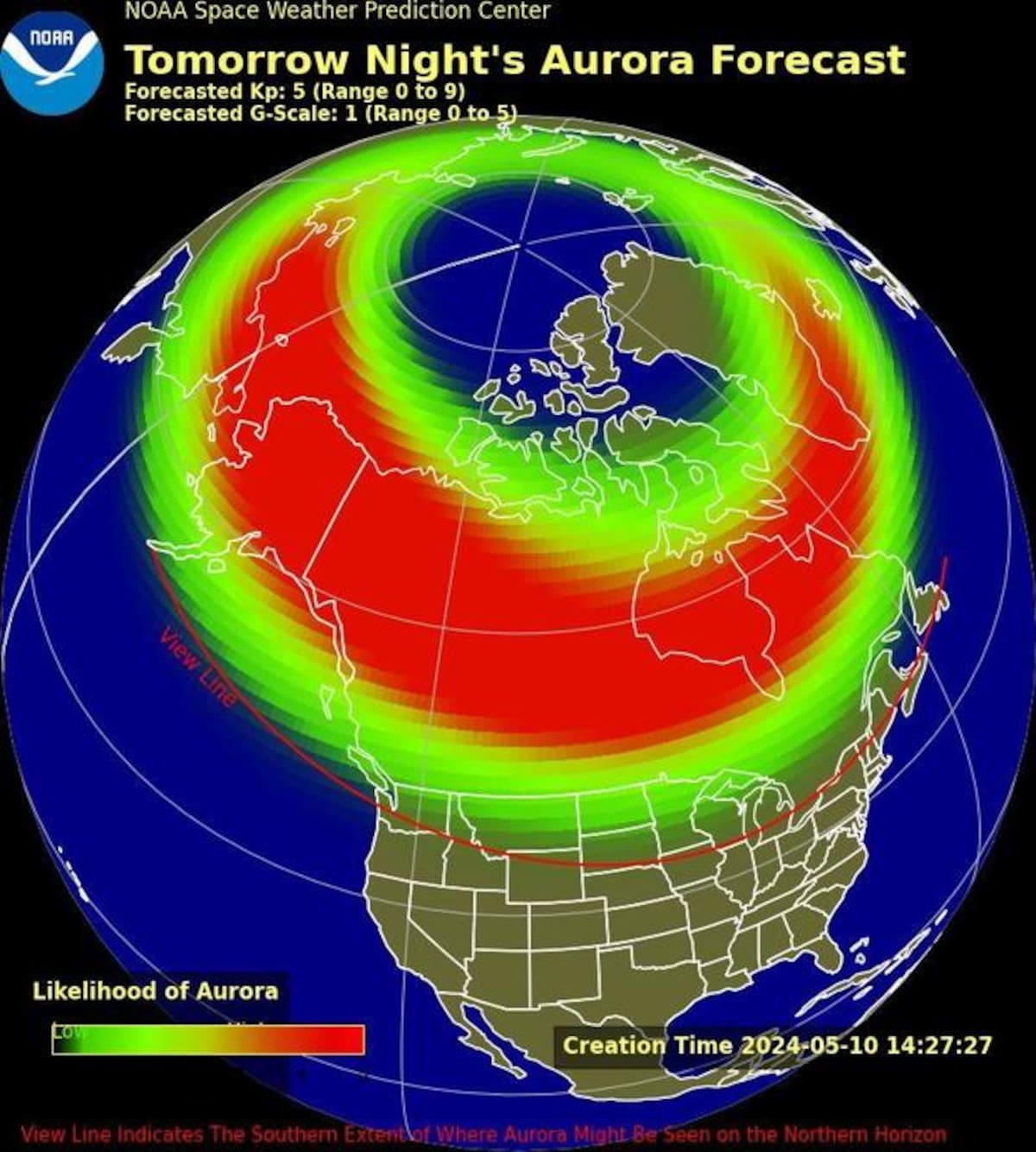 Mapa del Centro de Predicción de Clima Espacial, que muestra el área de Estados Unidos y Canadá donde las auroras serán visibles mañana sábado por la noche.
