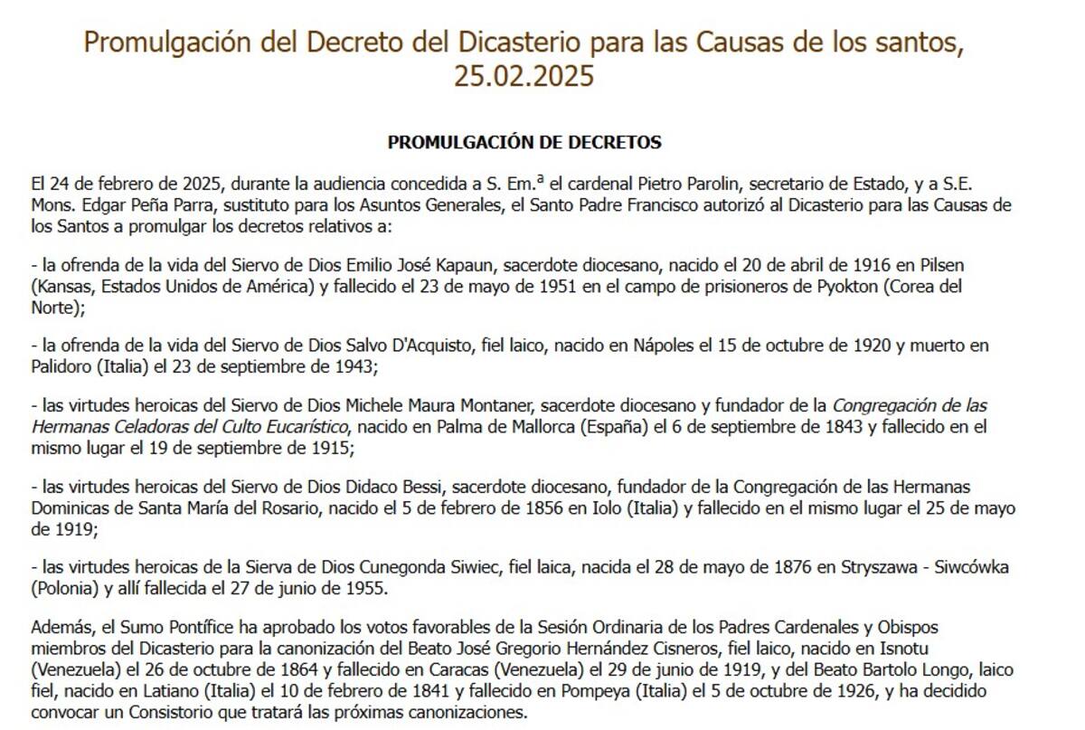 Es por ello que se ha decidido convocar un Consistorio que tratará las próximas canonizaciones. Foto: Prensa Vaticano.