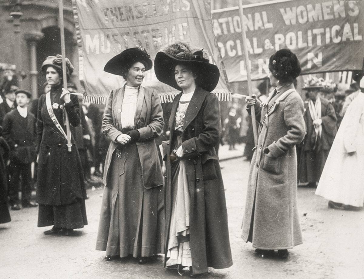 Christabel Pankhurst at a suffragette demonstration, c1910. Behind is a banner for the Women's Social and Political Union, one of the principal forces in the campaign to obtain the vote for women. (Photo by Museum of London/Heritage Images/Getty Images)