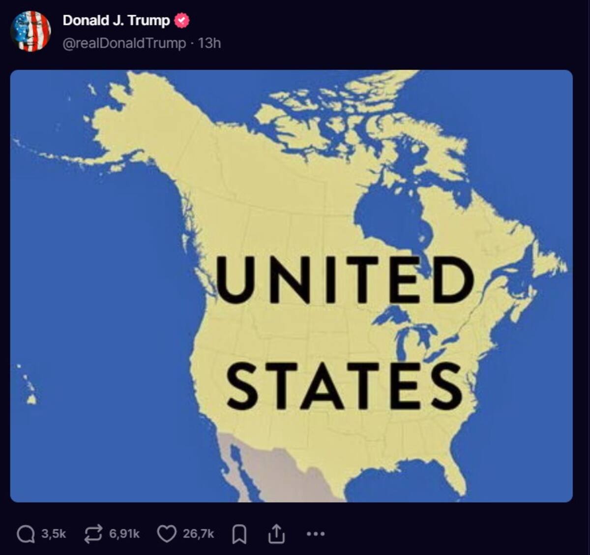 Donald Trump publicó dos mapas en Truth Social mostrando cómo sería EU si Canadá y Groenlandia se integraran como estados. Foto: Captura de video