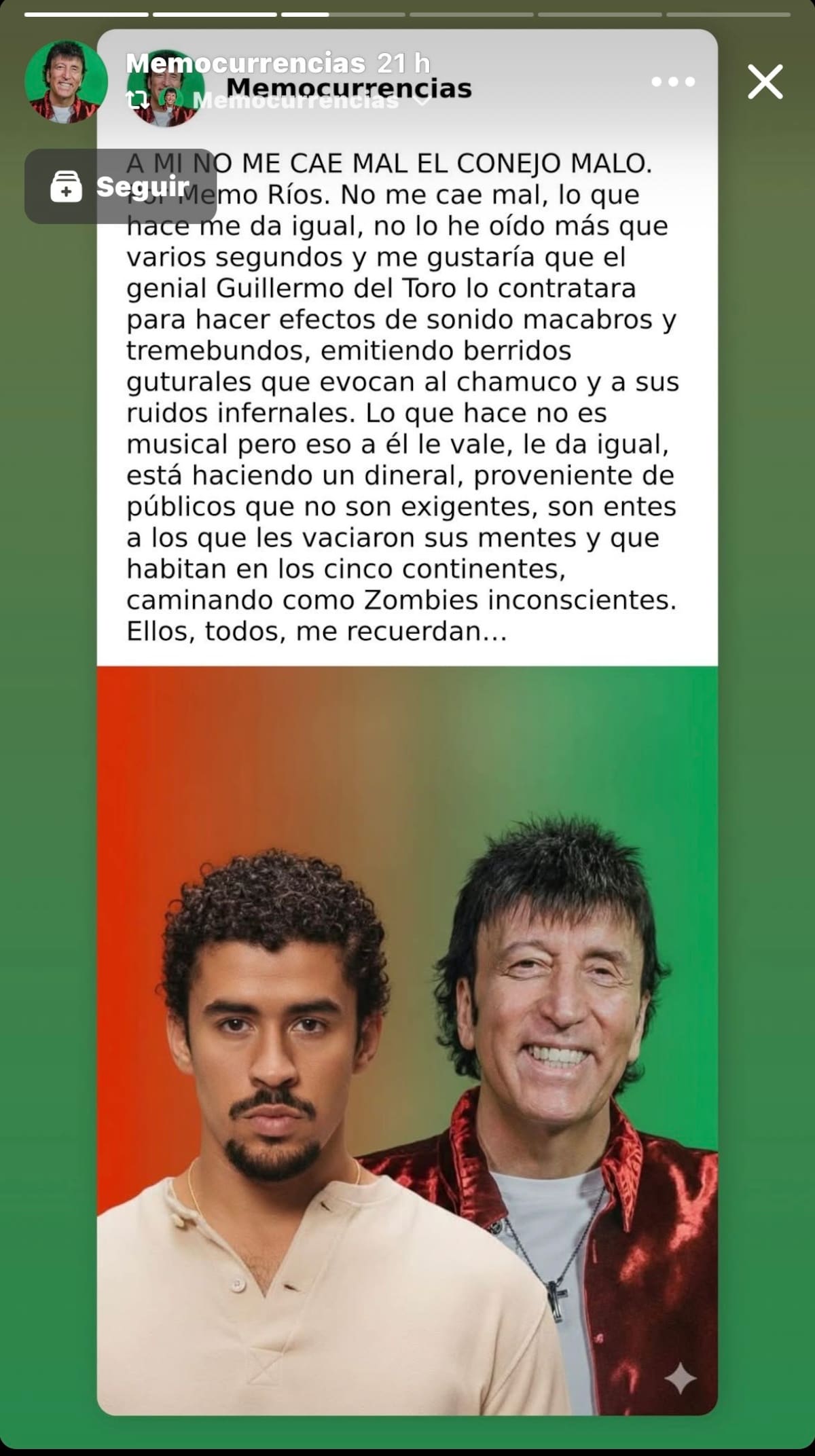 Memo Ríos arremete contra Bad Bunny y cuestiona su carrera