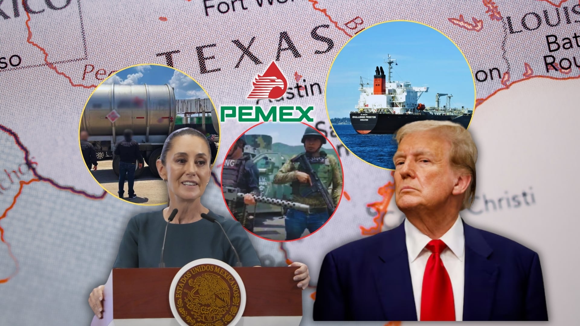 Una investigación reveló cómo opera desde 2019 una red transnacional que introduce crudo robado de Pemex a territorio texano, donde es legalizado, almacenado y comercializado con aparente impunidad. Foto: Especial (Reuters/Presidencia de México/Semar/Canva)