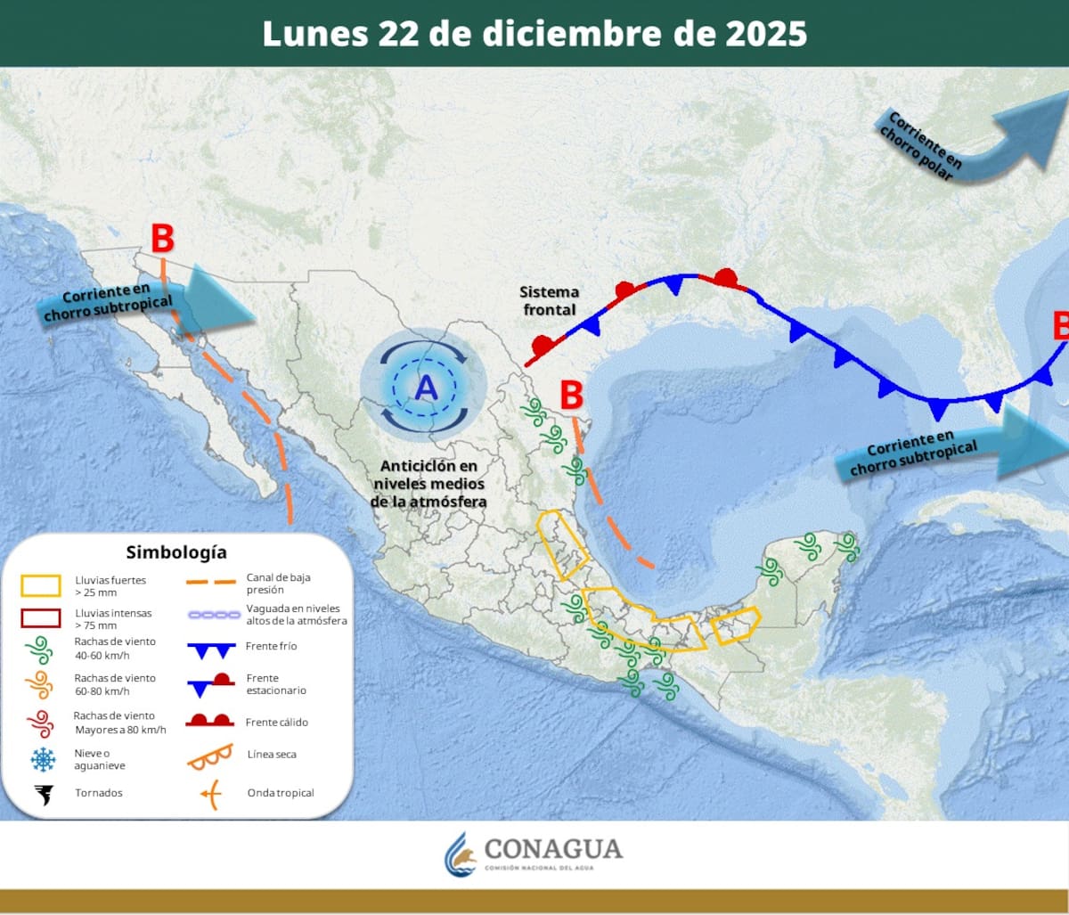 Pronóstico del clima para este lunes 22 de diciembre del 2025. | Crédito: SMN