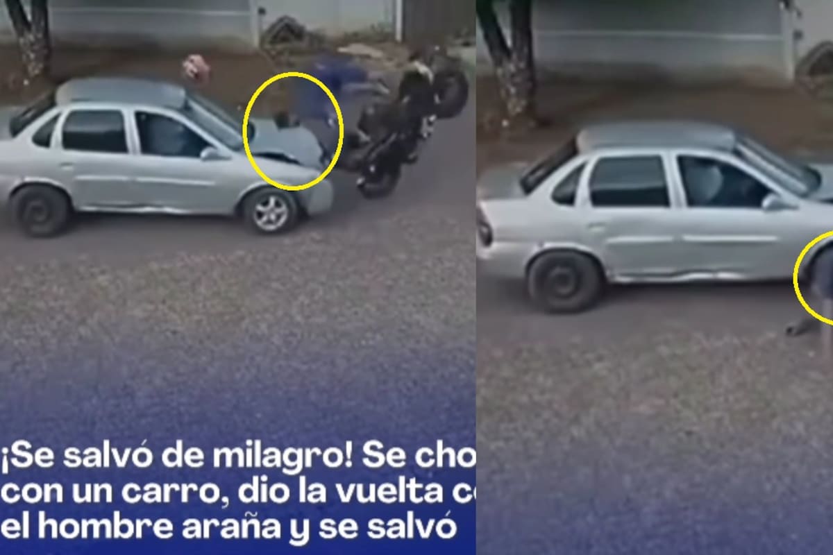 “Es el verdadero Hombre Araña”: motociclista se salva de un choque tras hacer una pirueta accidental