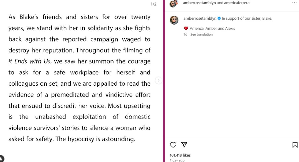 Excompañeras de Blake Lively muestran su apoyo a la actriz / Instagram: @americaferrera
