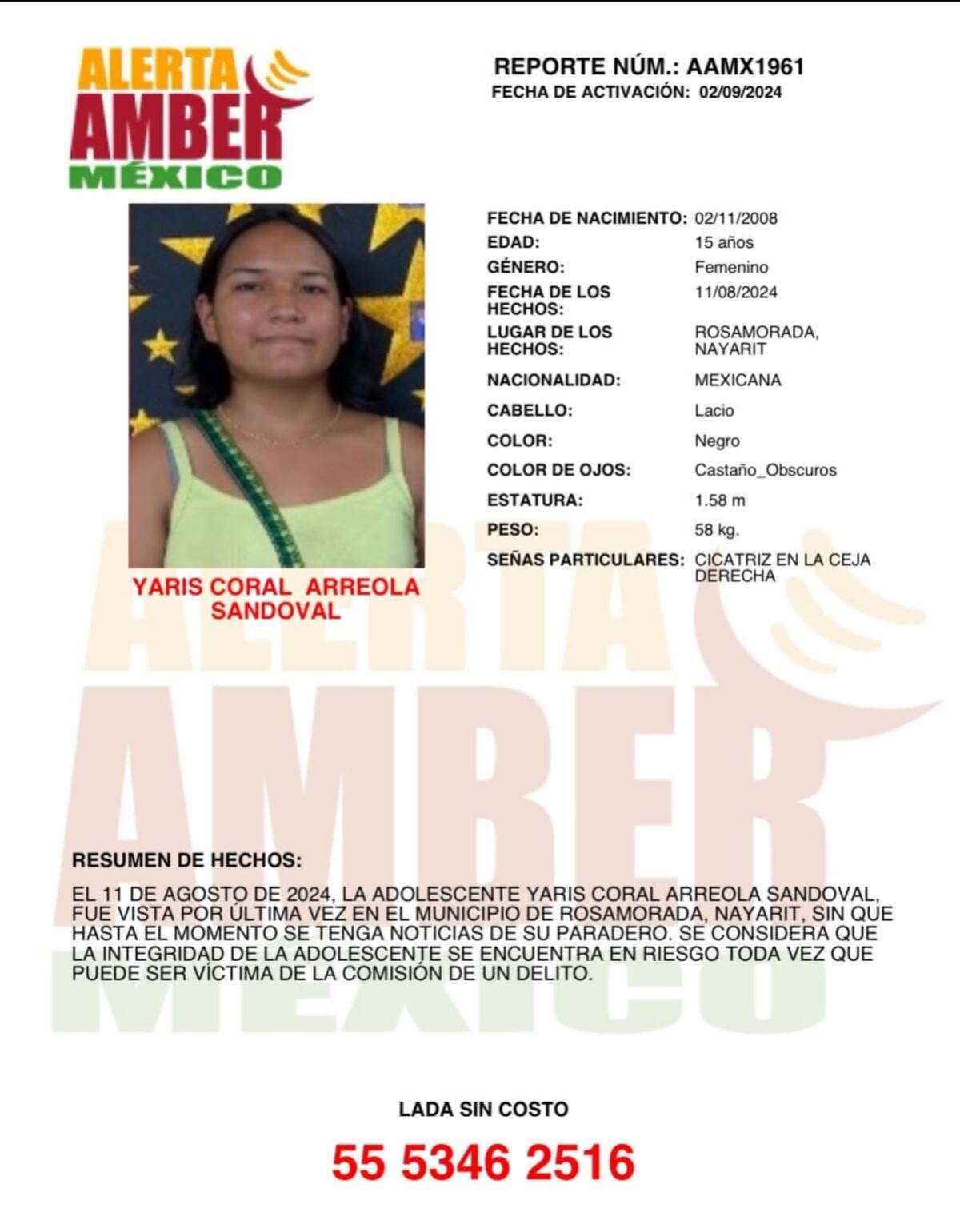 Alerta Amber de Yaris Coral Arreola Sandoval.