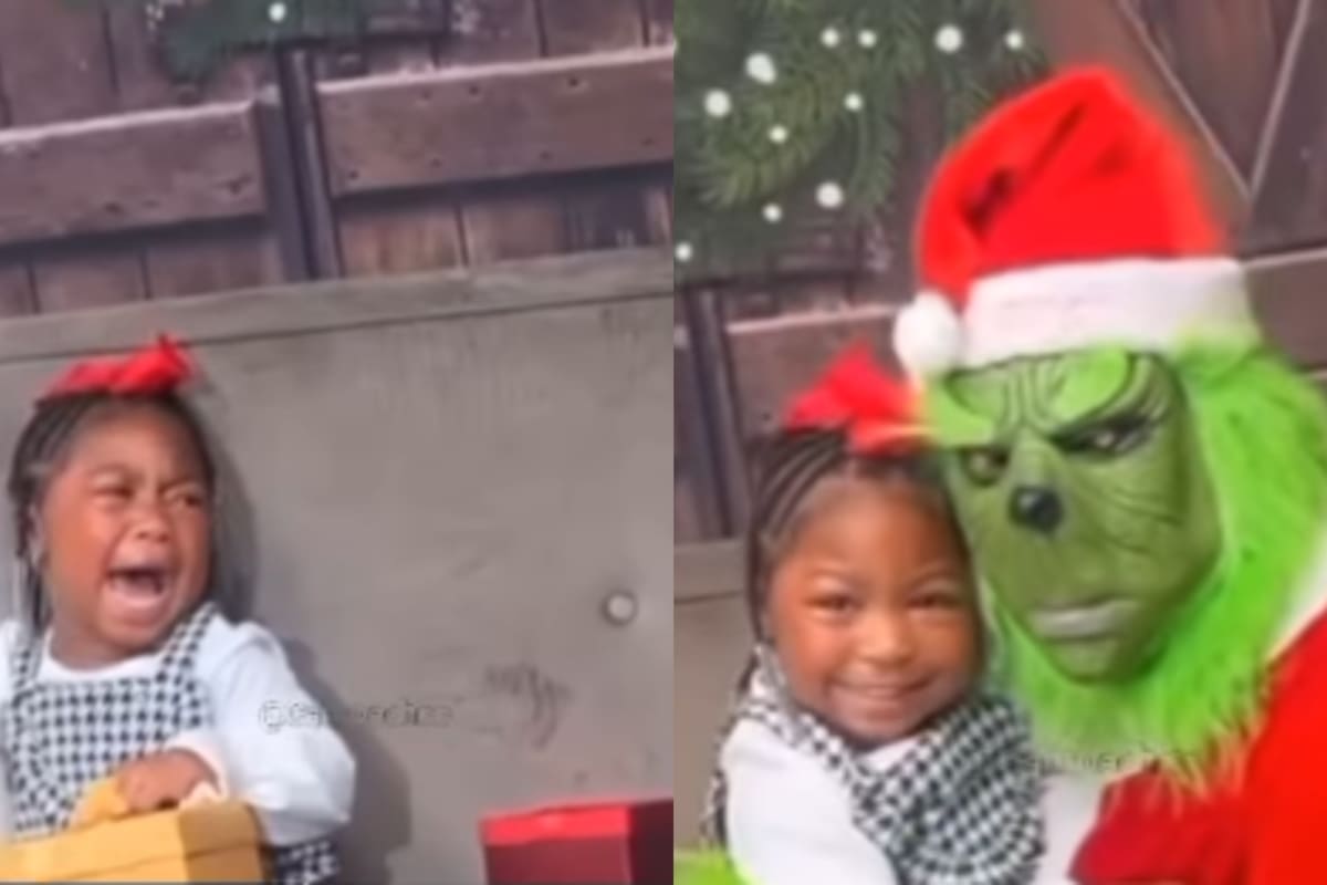 Niña causa sensación al llorar al ver al Grinch, pero se calma para salir bien en la foto con él