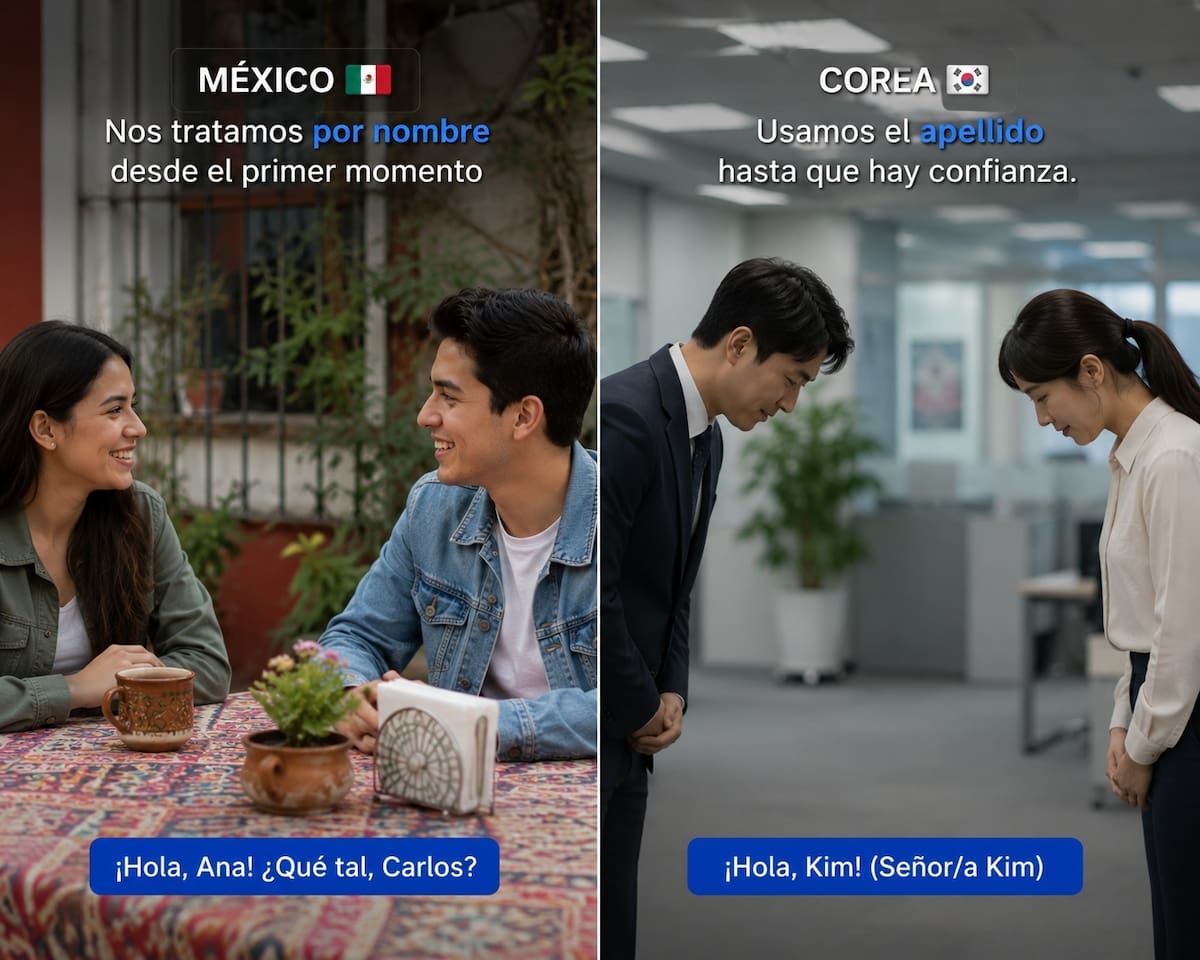 Mientras en México llaman a todos por su nombre, en Corea el apellido marca respeto hasta que hay confianza. | Imagen hecha con IA de ChatGPT