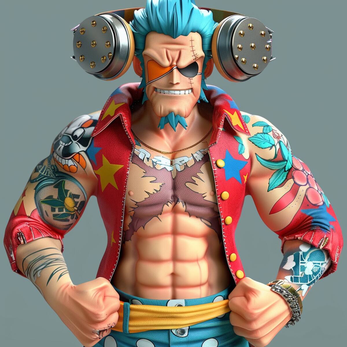 La visión creativa de la inteligencia artificial revela a un Franky inusual, con una expresión radiante, cabello azul vibrante y una figura delgada pero musculosa, añadiendo un giro fresco al icónico personaje de One Piece.