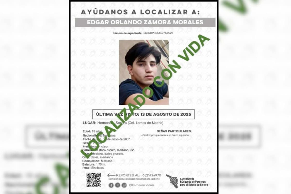 Localiza AMIC a joven de 18 años reportado como desaparecido en Hermosillo tras días fuera de su hogar