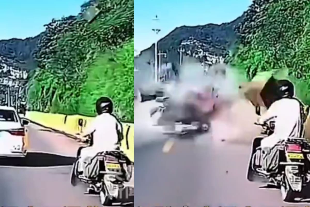 Un motociclista se salvó por segundos cuando avanzaba por una carretera y un derrumbe de piedras cayó sobre la vía, golpeando al automóvil que circulaba detrás