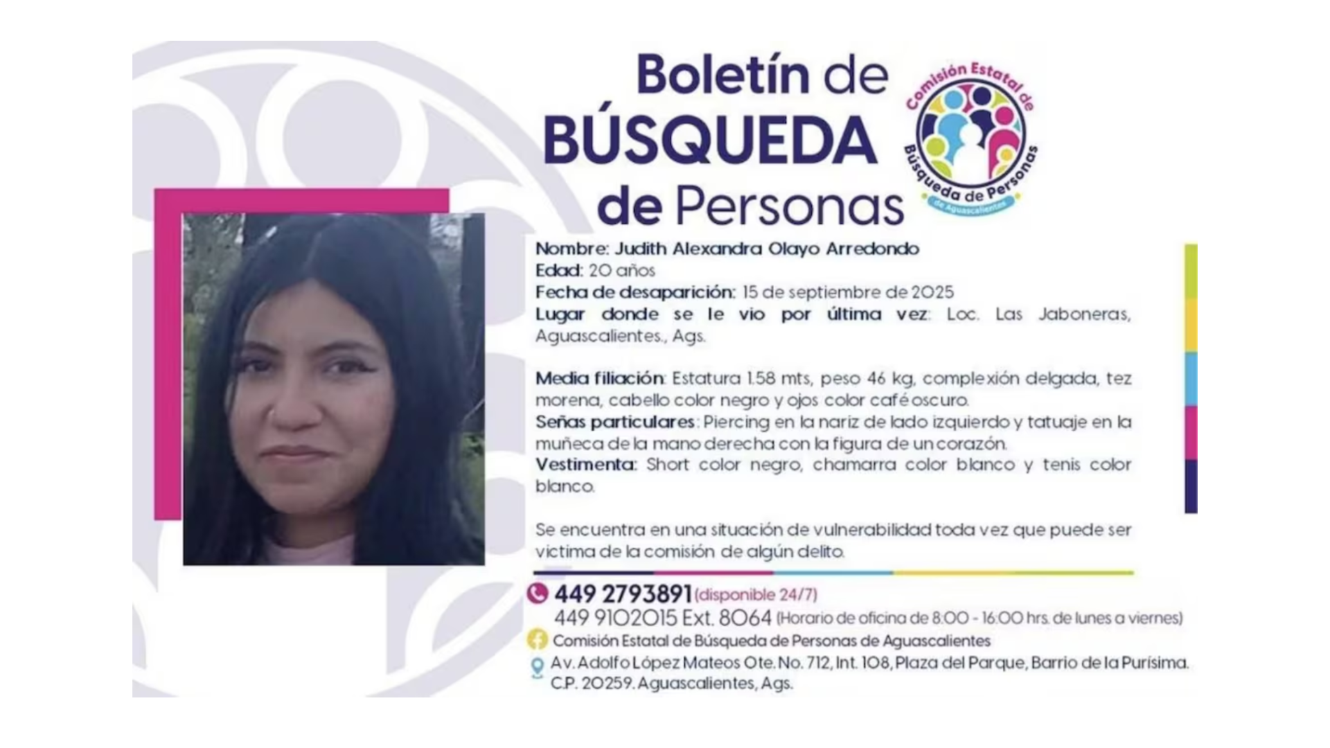 Ficha de búsqueda de Judith Alexandra,joven que viajó junto a su novio a un pueblo para dar el Grito de Independencia pero cuyo cuerpo fue encontrado en un bordo de agua.