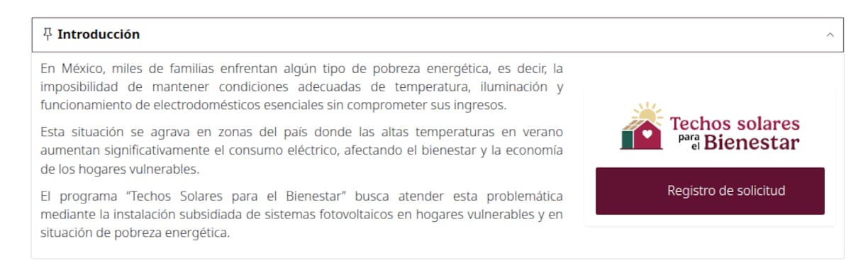 Los interesados deben presentar una solicitud | Captura techosolarbienestar.energia.gob.mx