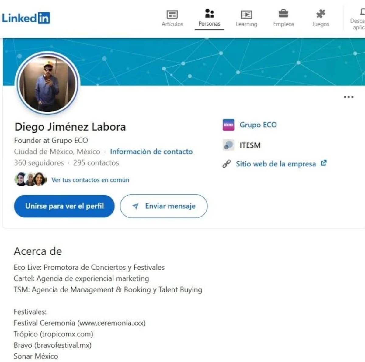 En LinkedIn, Diego Jiménez Labora se presentaba como CEO de ECO, la empresa encargada de la organización del Axe Ceremonia. | Especial