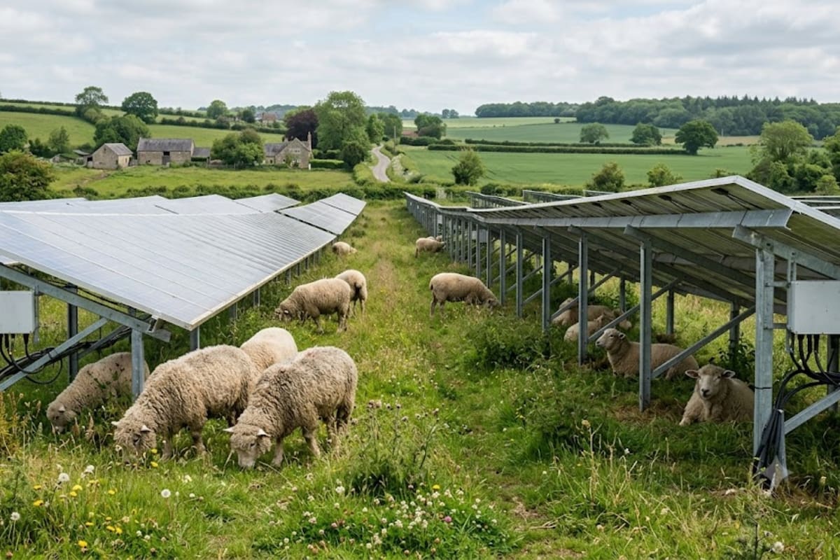 Un parque solar de Inglaterra llevó 40 ovejas a pastar entre sus paneles y documentó cómo ayudan a controlar la vegetación, proteger la biodiversidad y encontrar refugio sin frenar la generación eléctrica