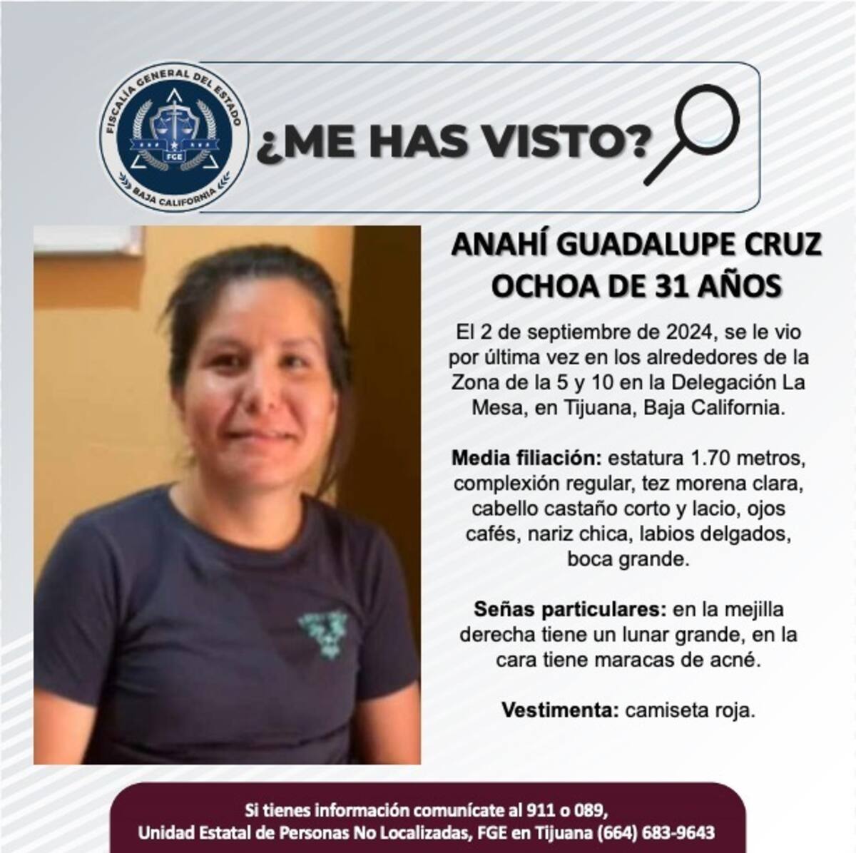 Anahí Guadalupe Cruz Ochoa fue vista por última vez el 2 de septiembre de 2024.
