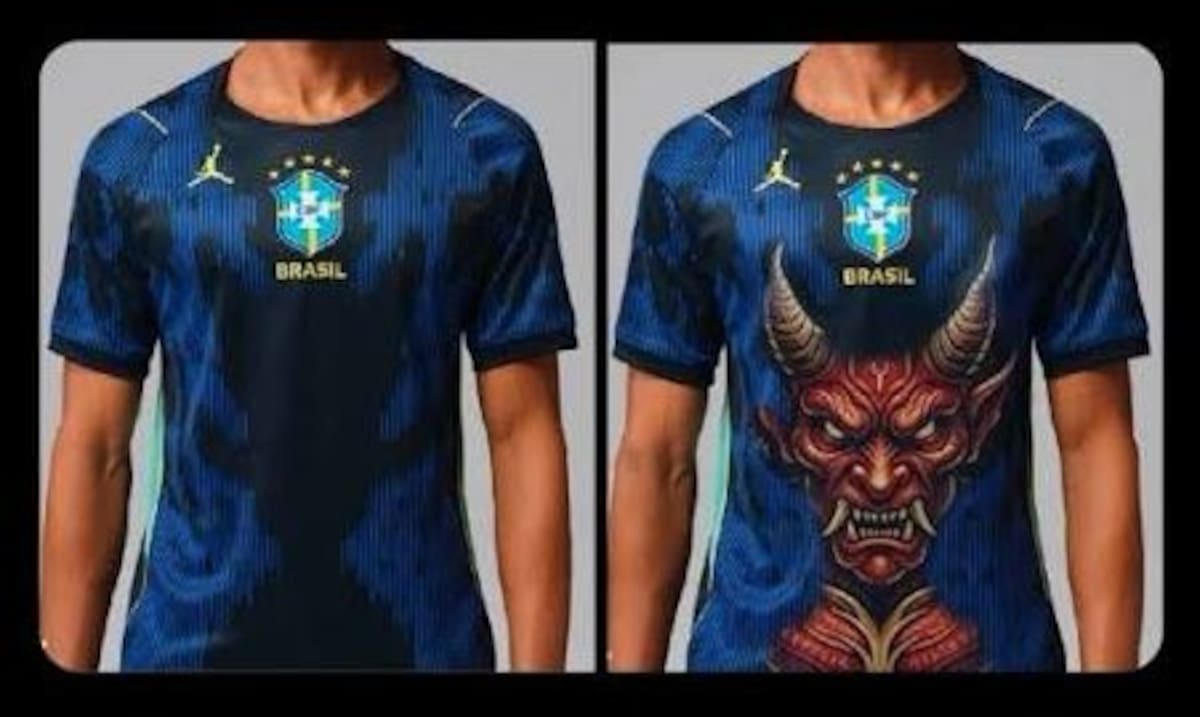 El usuario en X, @OPastorJack compartió esta imagen donde asegura que la silueta de la camiseta brasileña tiene oculto un diablo.
