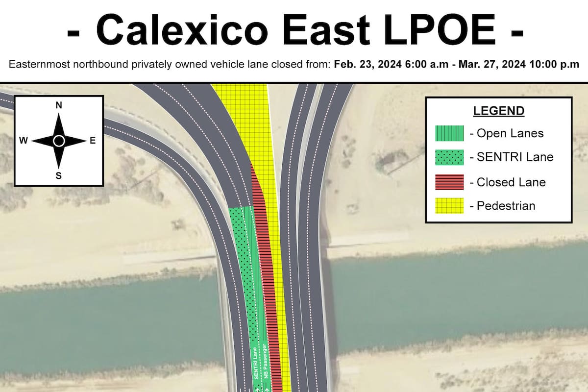 Anuncian cierre temporal de carril vehícular en garita Este de Calexico