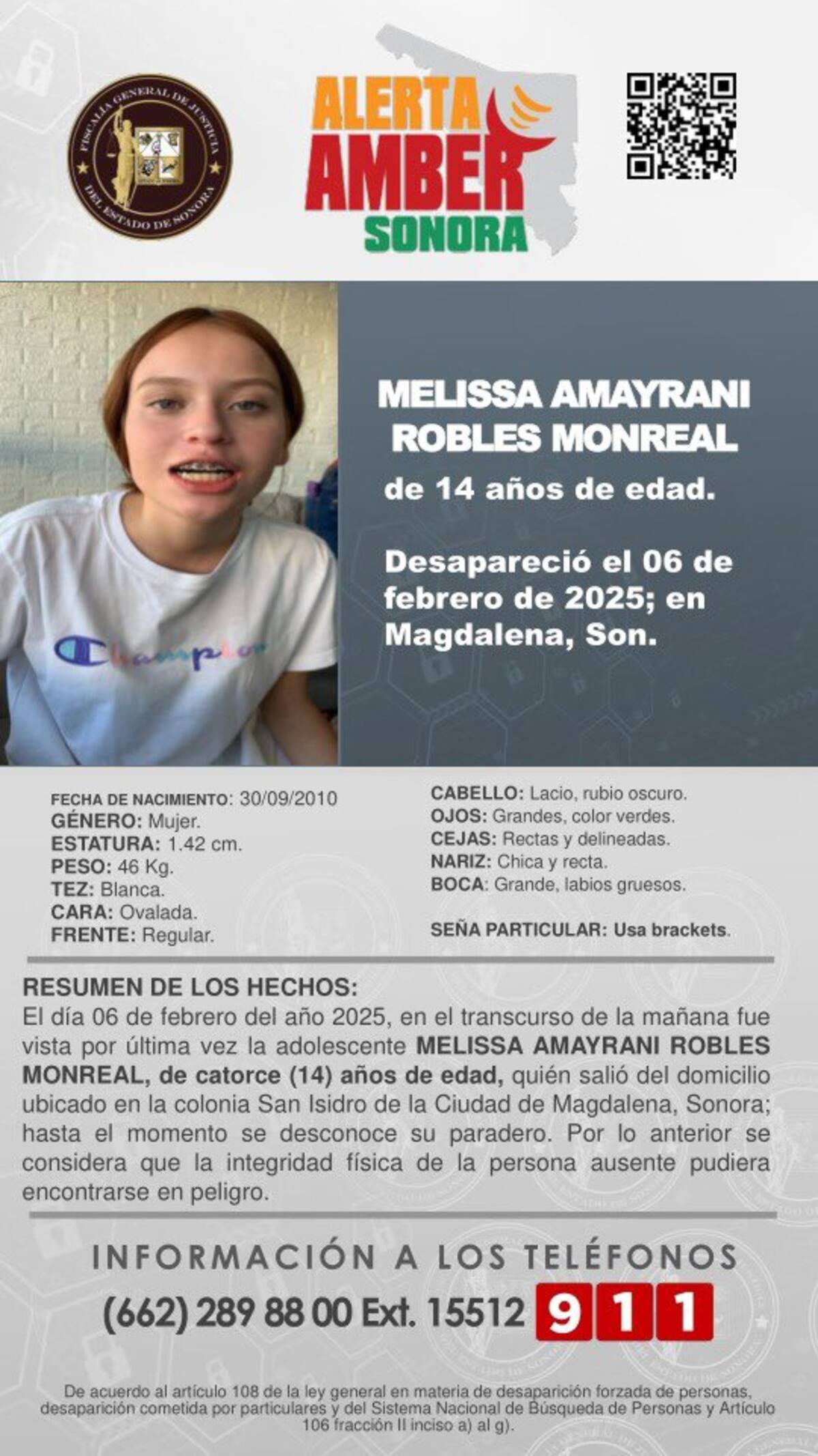 Las autoridades han emitido una ALERTA AMBER para su localización y solicitan la colaboración ciudadana.