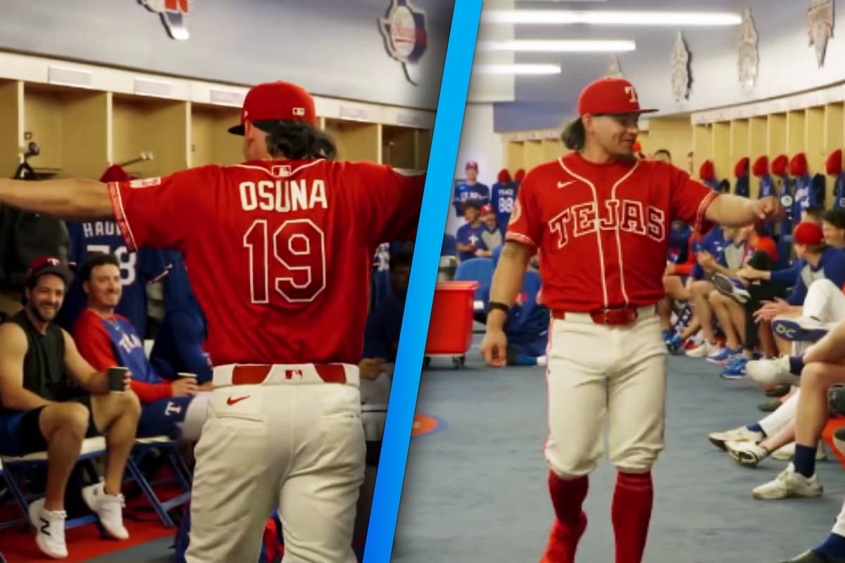 Rangers estrena jersey de “Tejas” con J y el sinaloense Alex Osuna lo modela en una pasarela improvisada en los vestidores