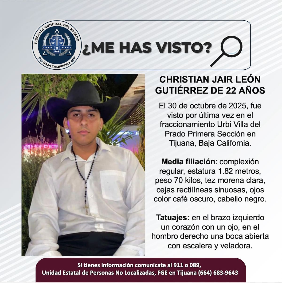 Fue visto por última vez el 30 de octubre de 2025.