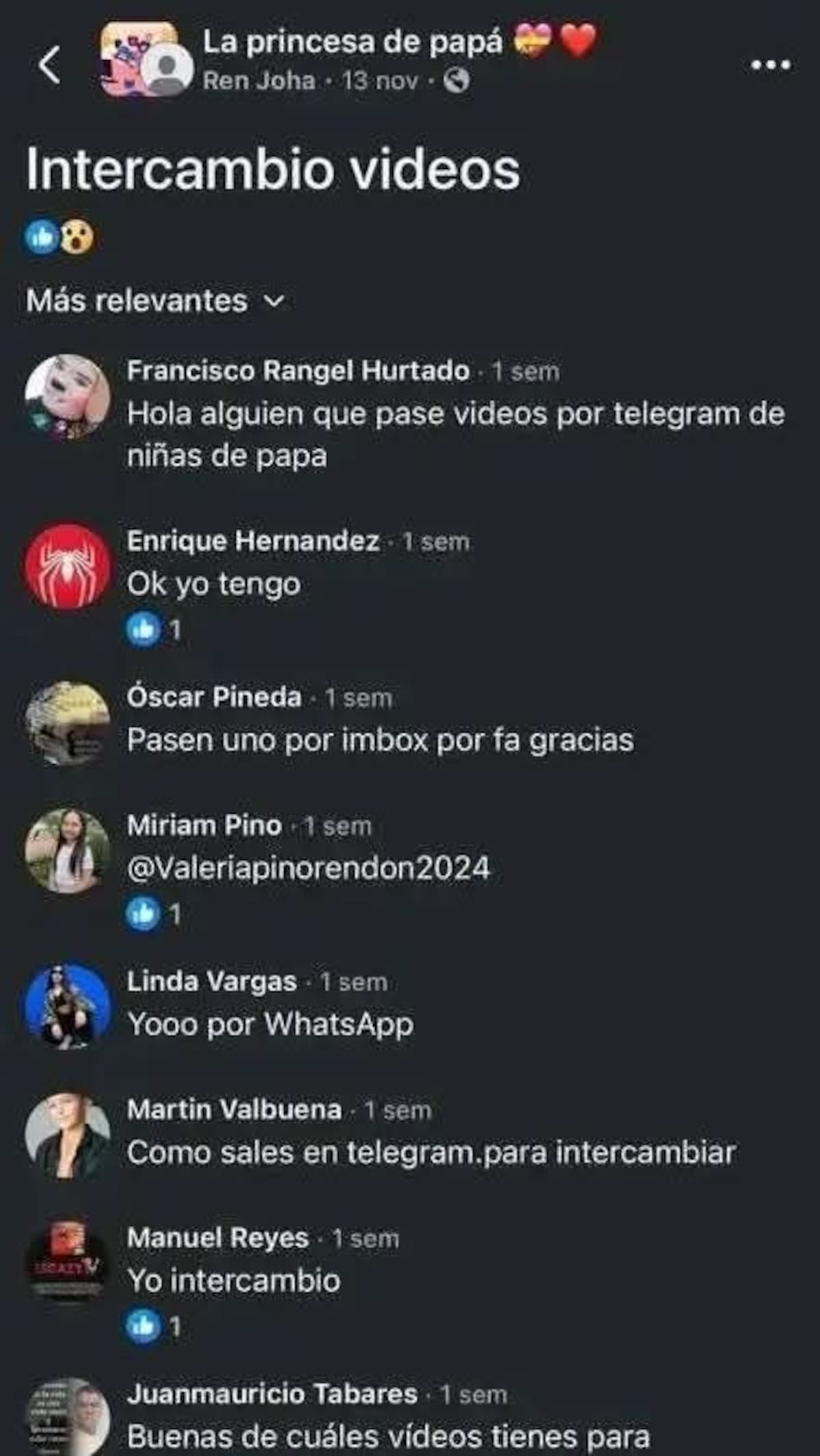Capturan comentario de Golden Clawn en grupo de intercambio de videos, presuntamente de contenido explícito de menores.