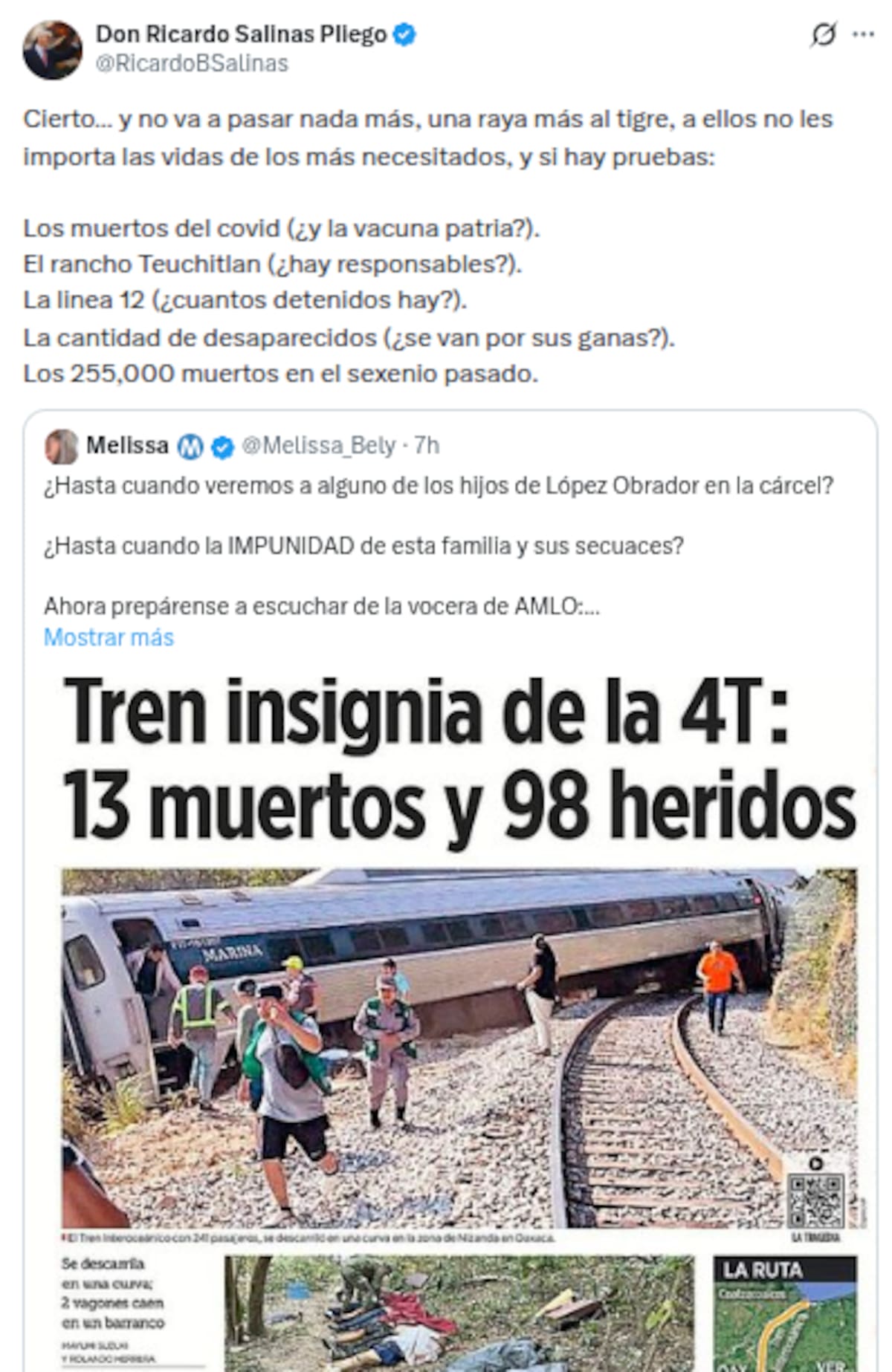 Salinas Pliego arremete contra la 4T tras descarrilamiento del Tren Interoceánico en Oaxaca. | Captura de pantalla