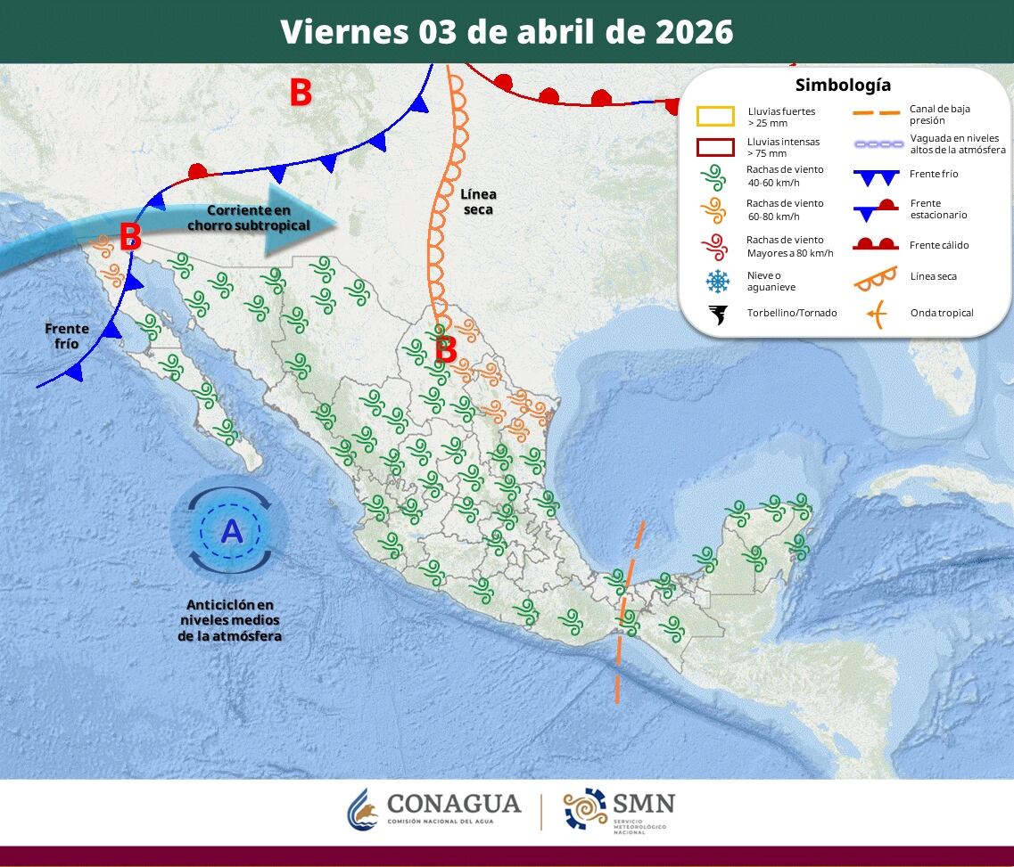 Pronóstico del clima para el viernes 3 de abril del 2026. | Crédito: SMN