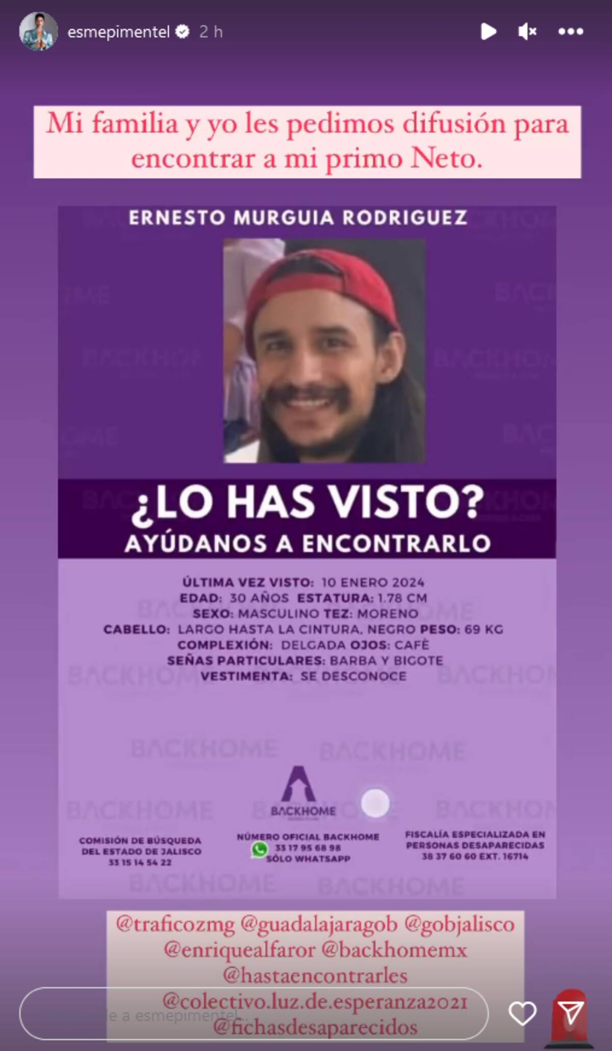 El primo de Esmeralda Pimentel, Ernesto Murguía Rodríguez está desaparecido.