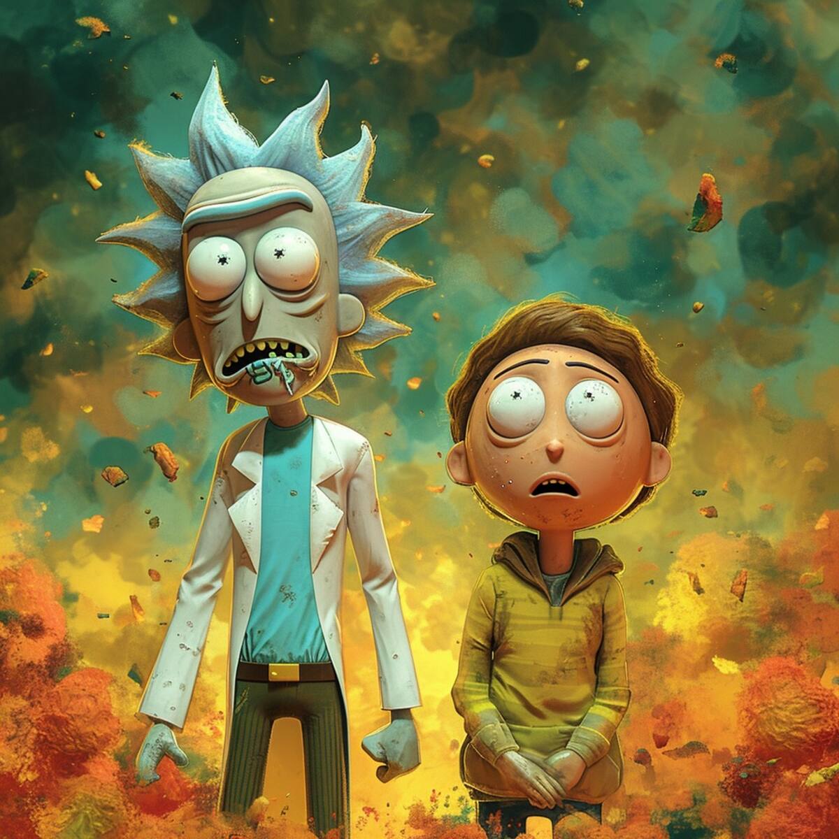 Rick Sánchez, el genio caótico en su bata blanca de científico, listo para aventuras interdimensionales.