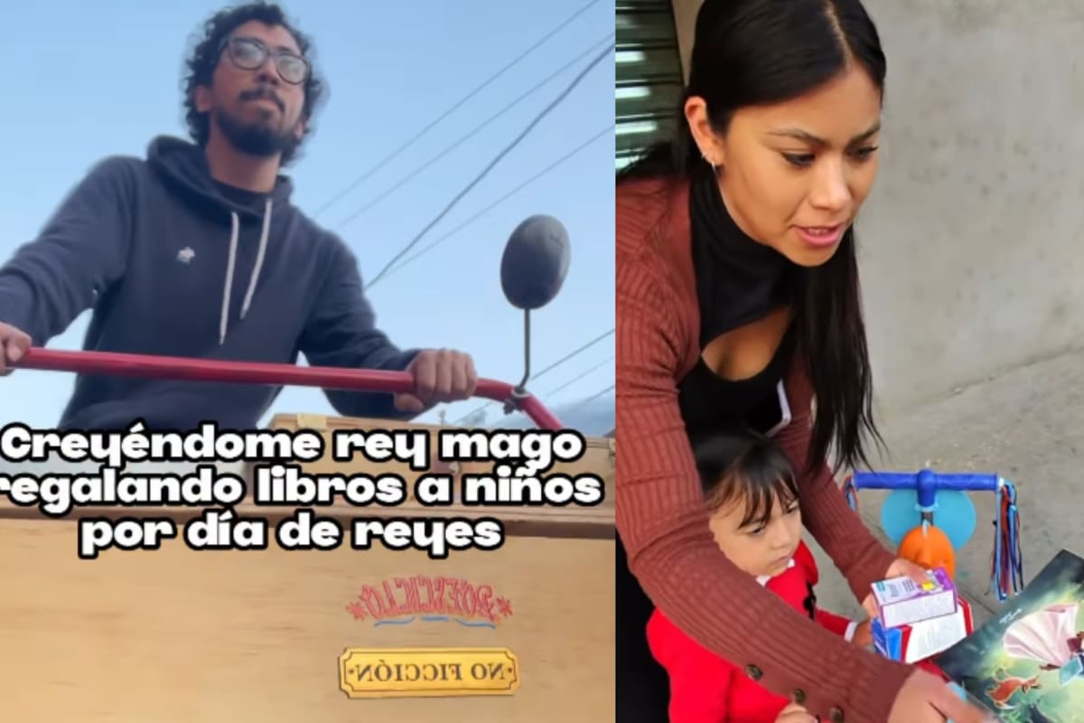 Joven recorre la ciudad en triciclo y regala libros a niños por el Día de Reyes