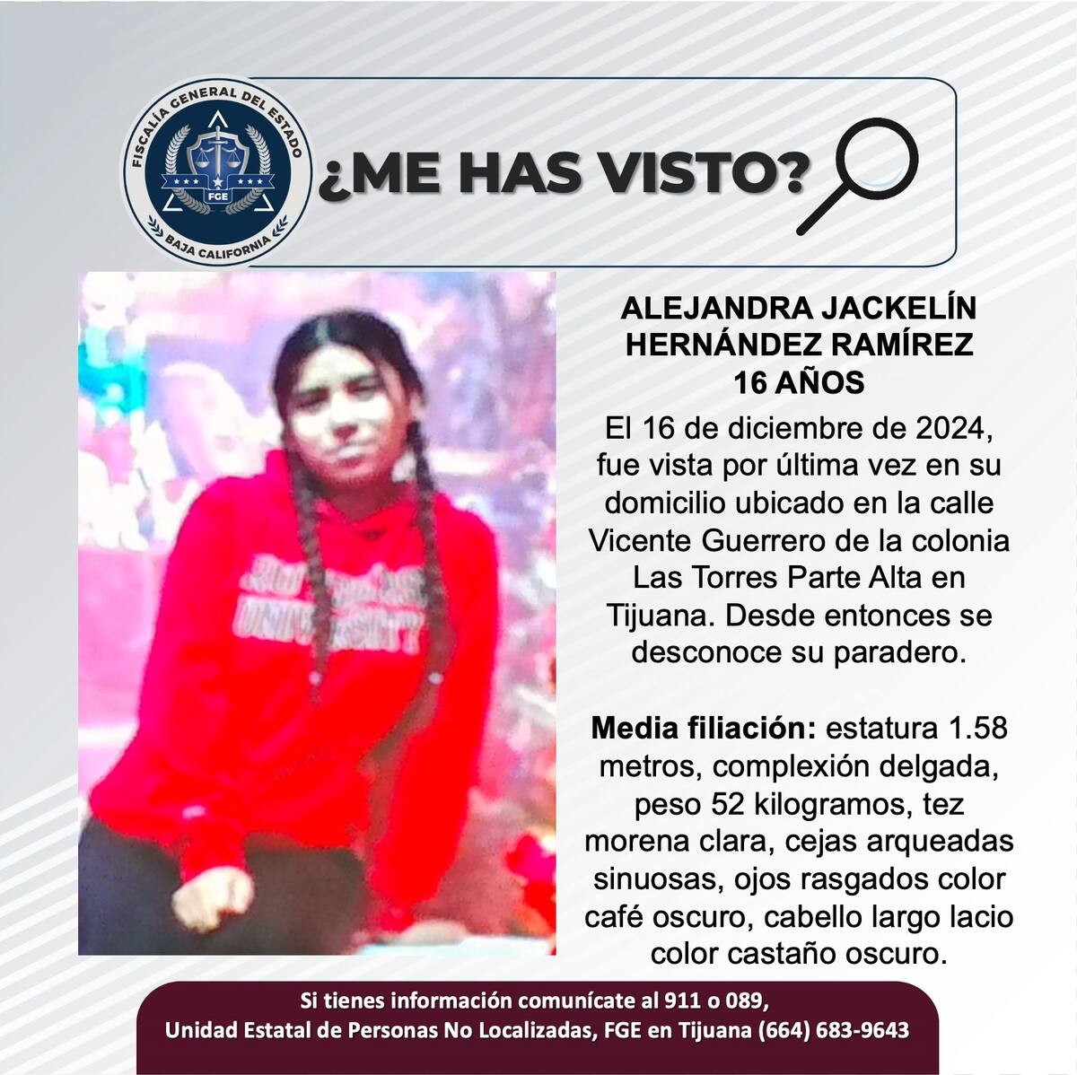 Alejandra Jackelín Hernández Ramírez fue vista por última vez el 16 de diciembre del 2024.