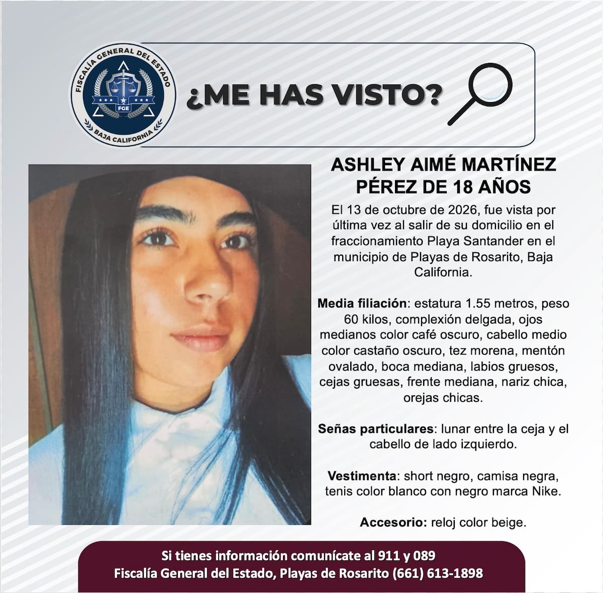 Ashley Aimé Martínez Pérez fue vista por última vez el 13 de octubre al salir de su domicilio en el fraccionamiento Playa Santander, en Playas de Rosarito. Foto: Cortesía