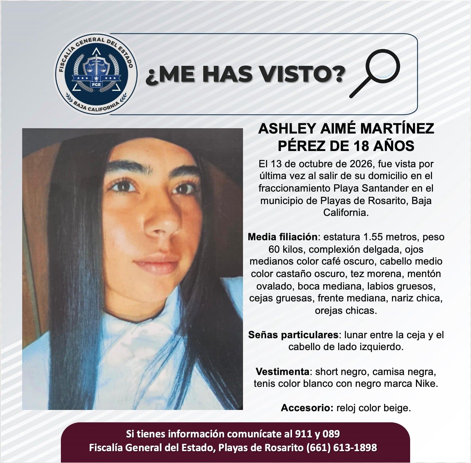 Ashley Aimé Martínez Pérez fue vista por última vez el 13 de octubre al salir de su domicilio en el fraccionamiento Playa Santander, en Playas de Rosarito. Foto: Cortesía