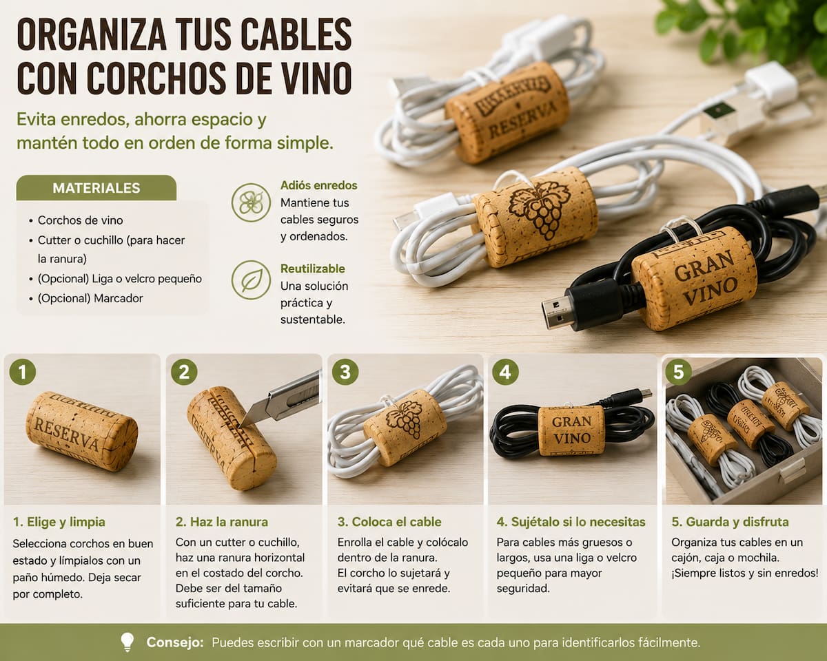 Paso a paso para convertir los corchos de vino en una herramienta para organizar los cables. | Imagen de IA