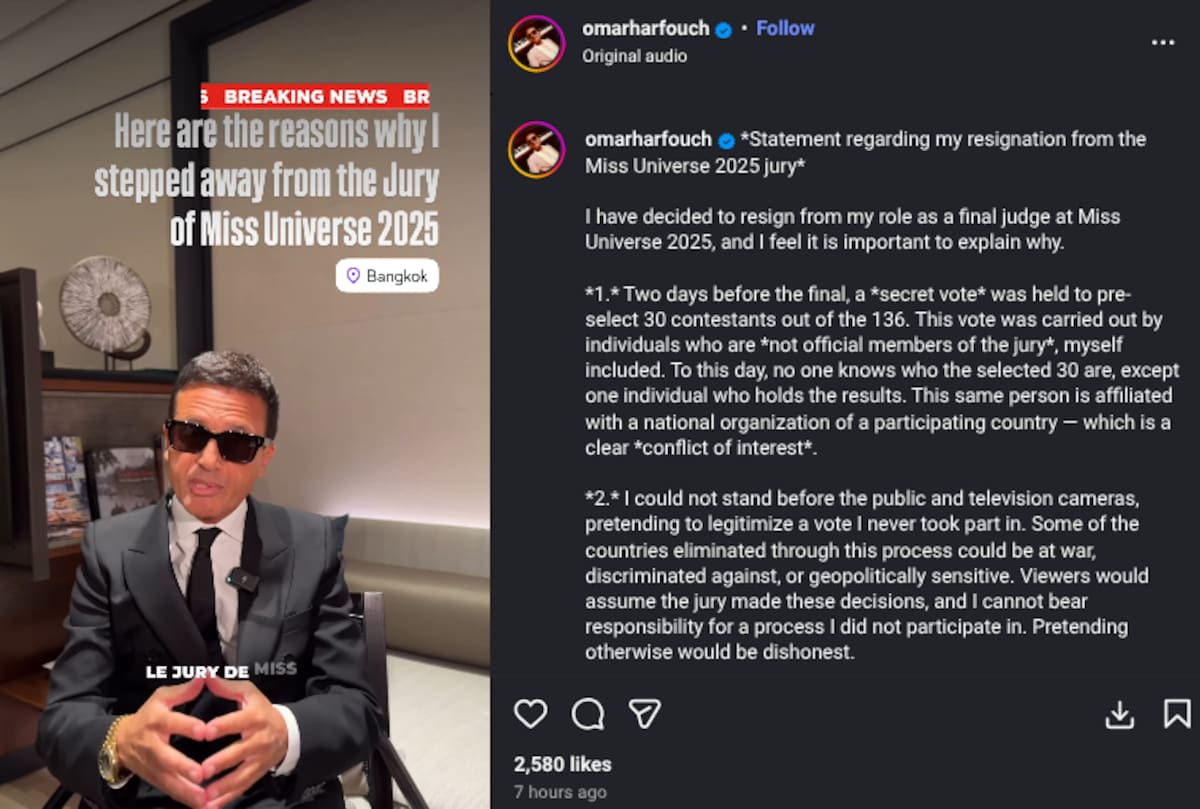 Omar Harfouch renuncia como jurado a Miss Universo 2025 | Instagram @omarharfouch