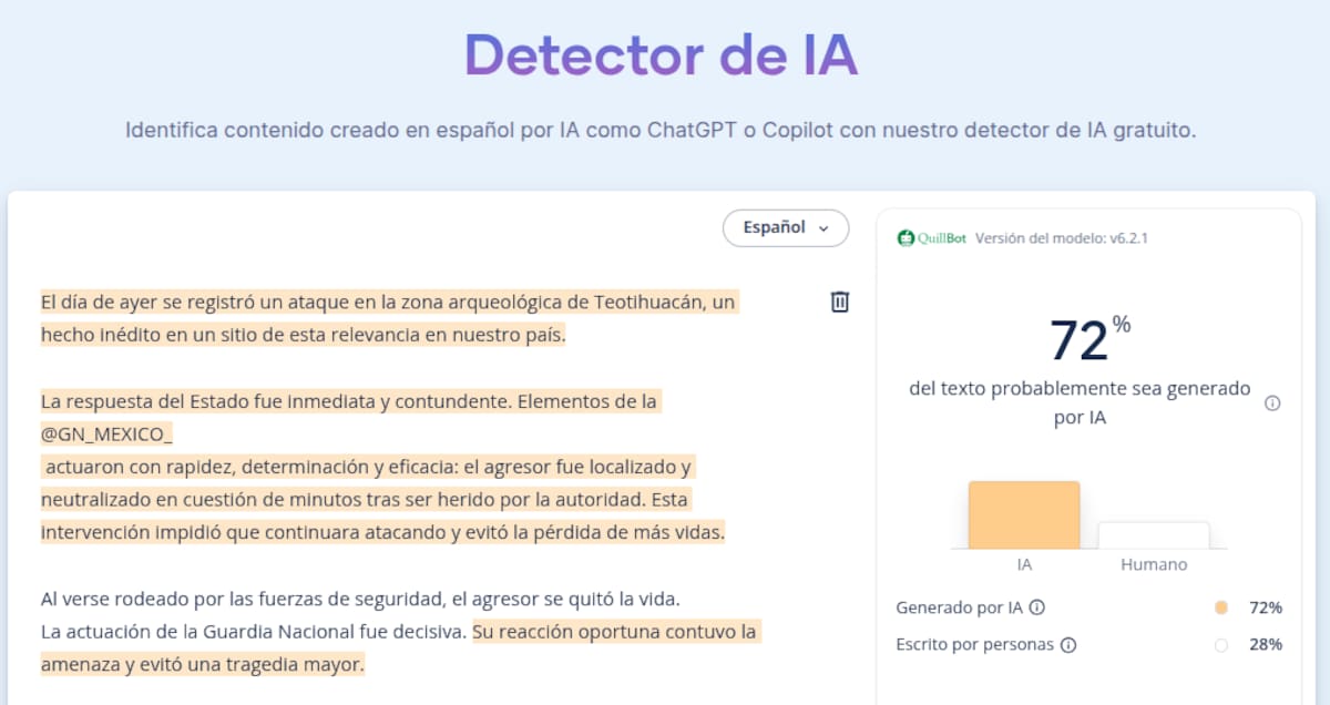 Detector de texto IA. Foto: Captura de pantalla