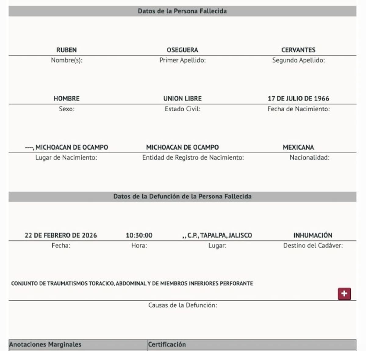 Confirman causa de muerte de “El Mencho”: esto dice el documento oficial. Foto: CURP