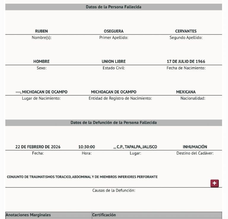 Confirman causa de muerte de “El Mencho”: esto dice el documento oficial. Foto: CURP