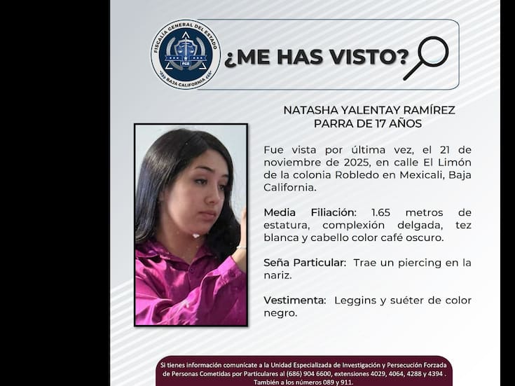 Buscan a Natasha Yalentay, joven de 17 años desaparecida en la colonia Robledo