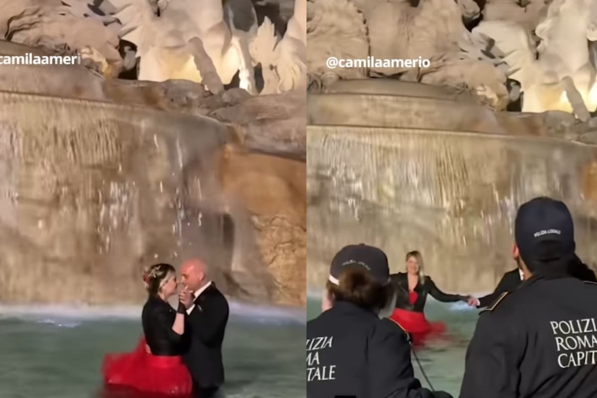 Recién casados bailan dentro de la Fontana di Trevi; la policía los esperaba afuera para multarlos