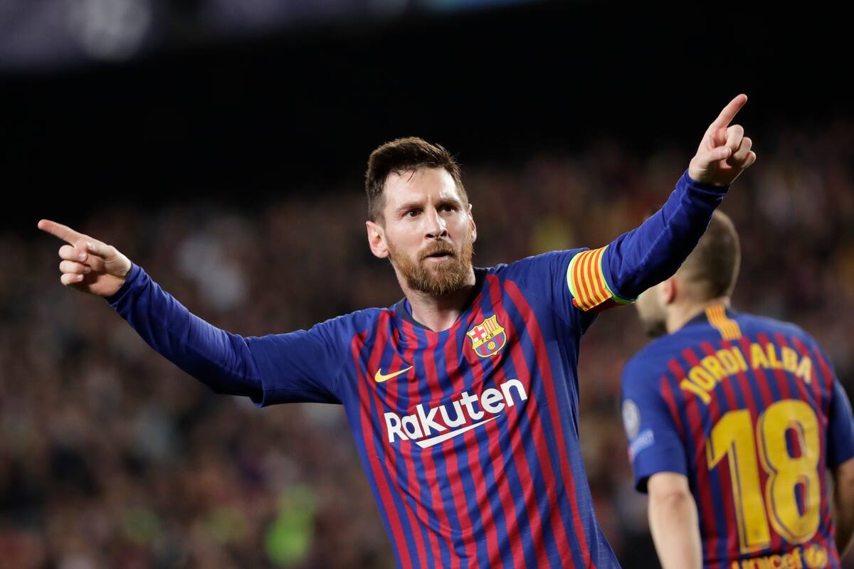 Barcelona's Lionel Messi celebrates after scoring his side's third goal during the Champions League semifinal, first leg, soccer match between FC Barcelona and Liverpool at the Camp Nou stadium in Barcelona, Spain, Wednesday, May 1, 2019. (AP Photo/Emilio Morenatti)