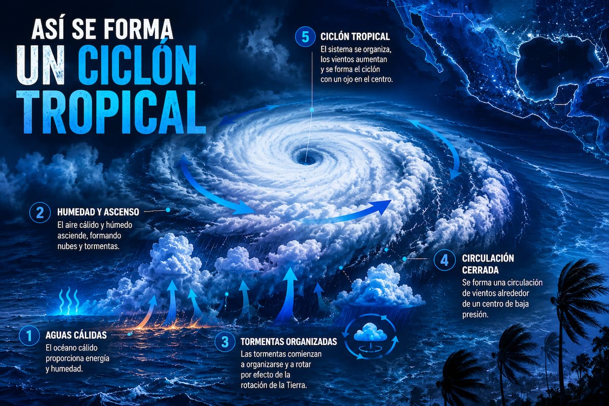 Formación de un ciclón tropical. | Foto: Generada con IA en base a información del SMN.