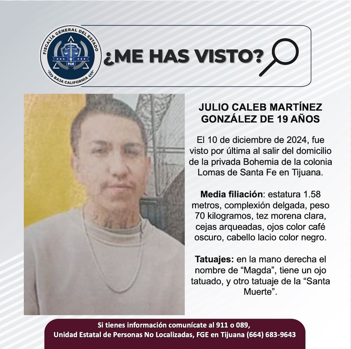 Julio Caleb Martínez González fue visto por última vez el 10 de diciembre del 2024.