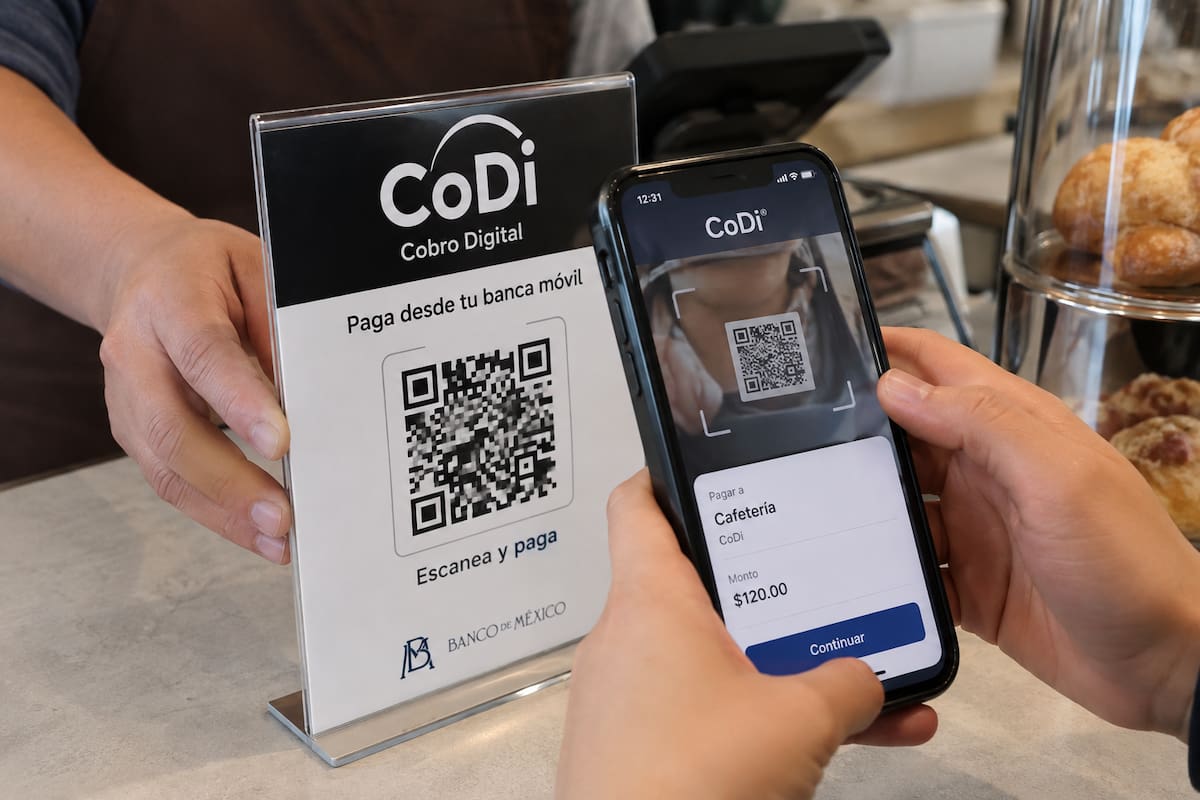 Pago mediante CoDi en un comercio, donde el usuario escanea un código QR desde su teléfono celular para realizar una operación digital. | Crédito: Imagen hecha con IA de ChatGPT