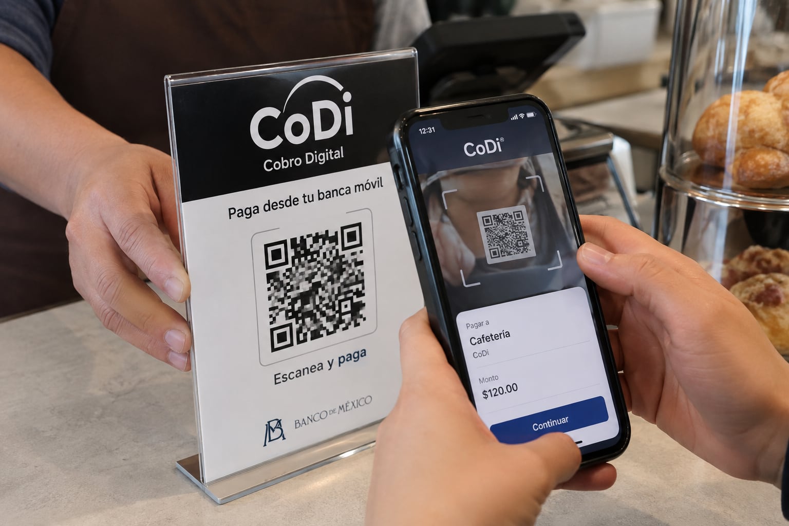 Pago mediante CoDi en un comercio, donde el usuario escanea un código QR desde su teléfono celular para realizar una operación digital. | Crédito: Imagen hecha con IA de ChatGPT