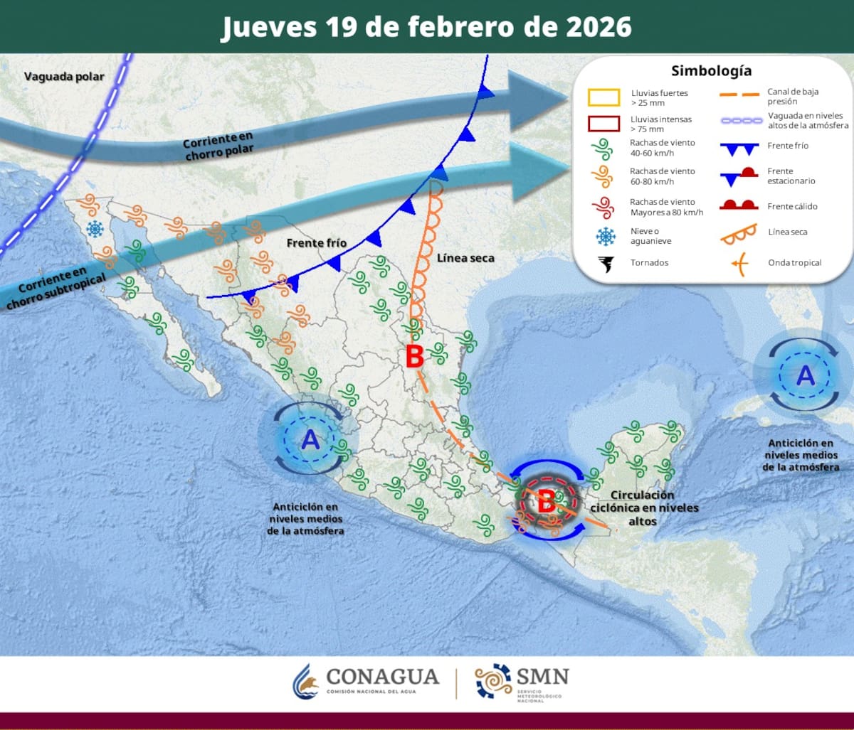 Pronóstico del clima para el jueves 19 de febrero del 2026. | Crédito: SMN